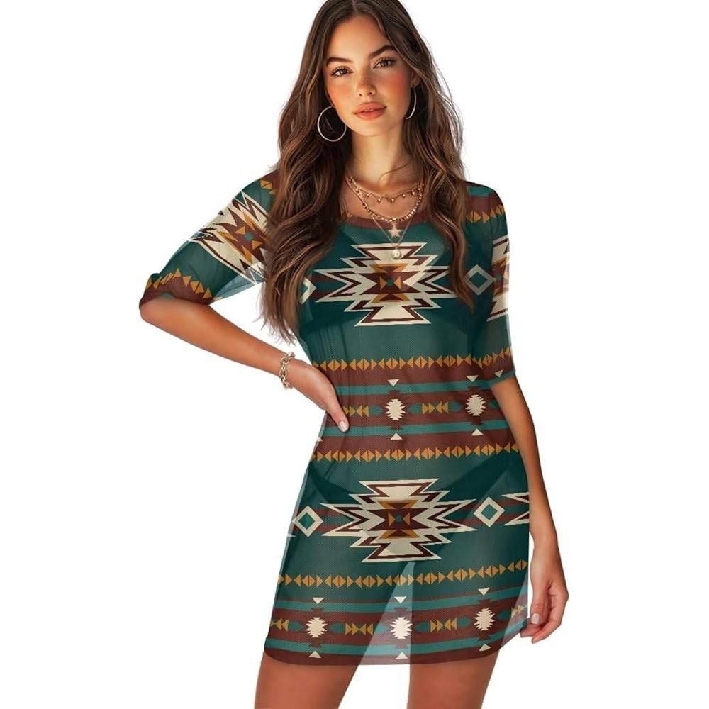 Green navajo southwestern aztec beach sheer swim coverup travel vacation‎ XL